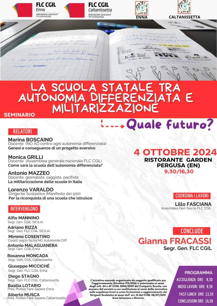 La scuola statale tra autonomia differenziata e militarizzazione: 4/10, ore 9.30/16 il&nbsp;link