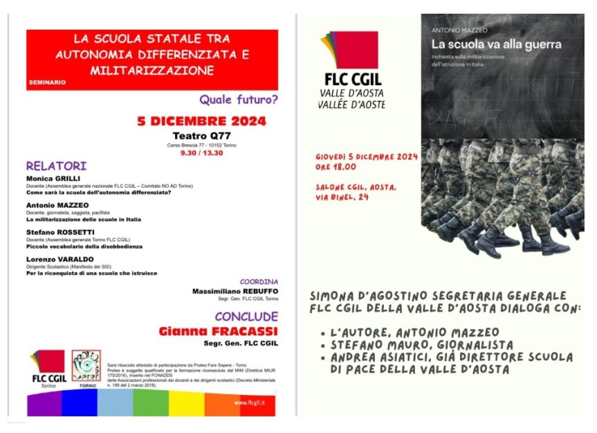 Torino e Aosta: due iniziative FLC contro la militarizzazione delle&nbsp;scuole
